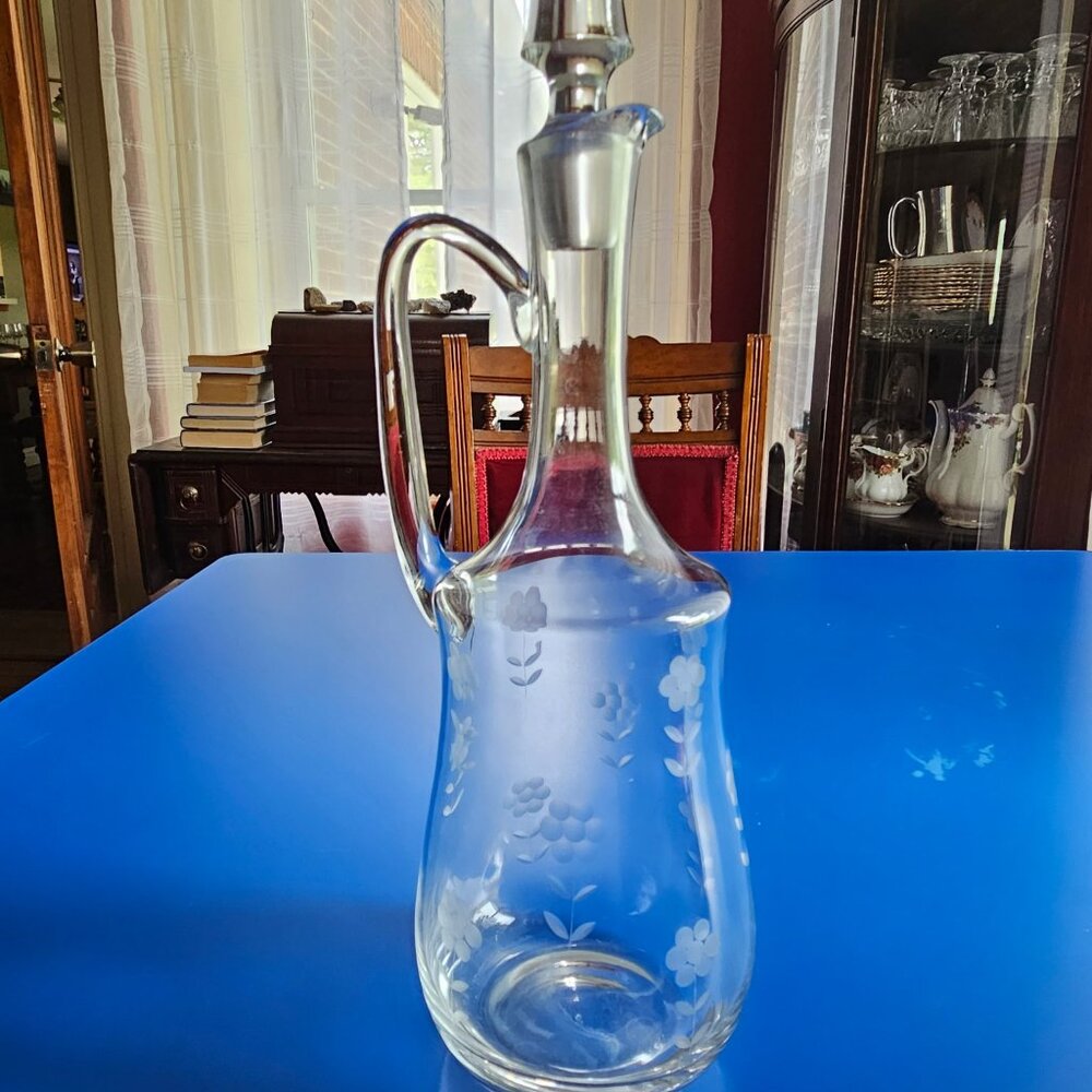 Tall Blown Glass Etched Decanter with Stopper. Bar Ware 15” Tall